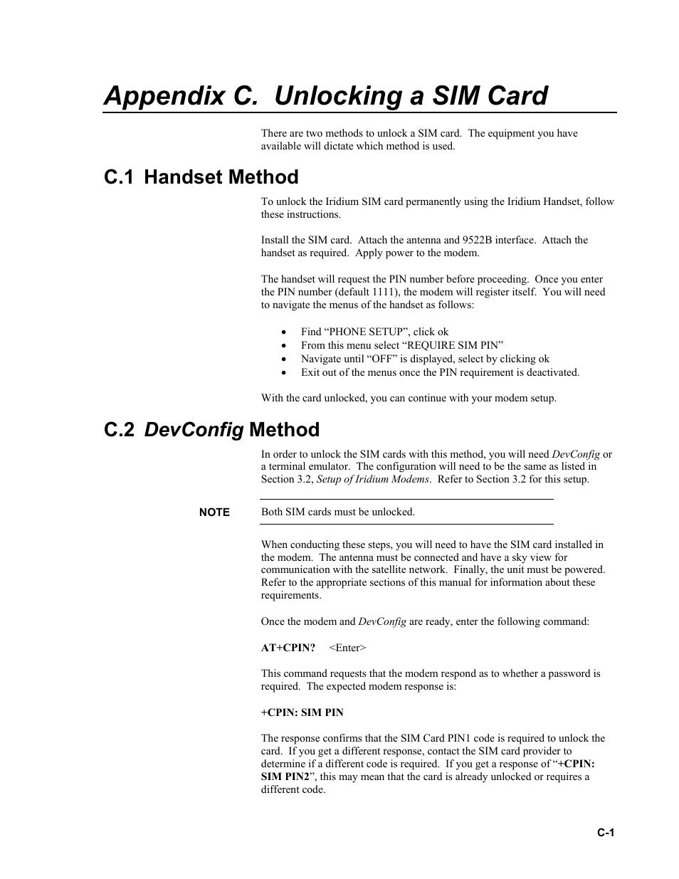 Appendix c. unlocking a sim card, C.1 handset method, C.2 devconfig method | Campbell Scientific 9522B Iridium Satellite Modem and COM9522B Interface Modem User Manual | Page 37 / 46
