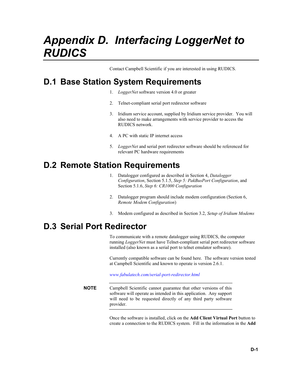 Appendix d. interfacing loggernet to rudics, D.1 base station system requirements, D.2 remote station requirements | D.3 serial port redirector | Campbell Scientific 9522B Iridium Satellite Modem and COM9522B Interface Modem User Manual | Page 39 / 46