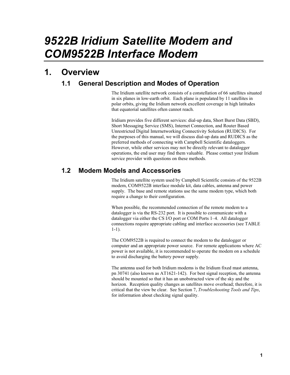 Overview, 1 general description and modes of operation, 2 modem models and accessories | General description and modes of operation, Modem models and accessories | Campbell Scientific 9522B Iridium Satellite Modem and COM9522B Interface Modem User Manual | Page 9 / 46