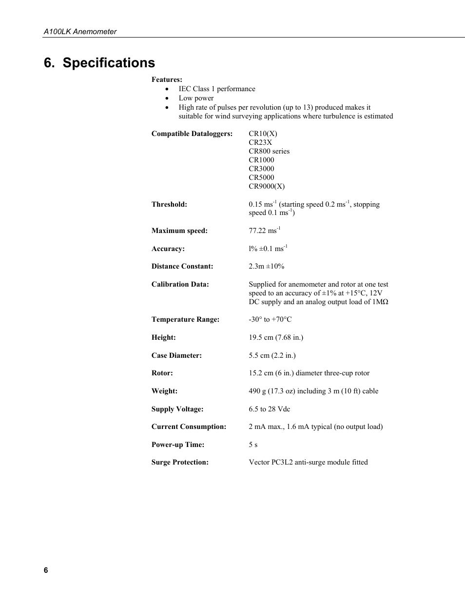 Specifications | Campbell Scientific A100LK Anemometer User Manual | Page 12 / 18