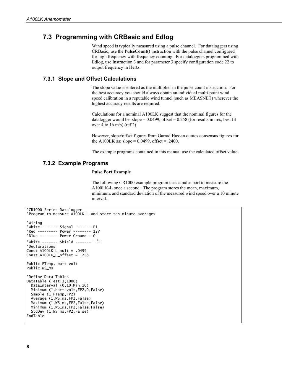 3 programming with crbasic and edlog, 1 slope and offset calculations, 2 example programs | Campbell Scientific A100LK Anemometer User Manual | Page 14 / 18