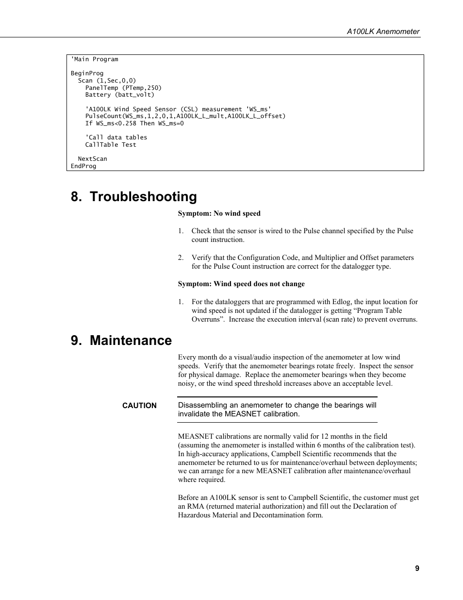 Troubleshooting, Maintenance | Campbell Scientific A100LK Anemometer User Manual | Page 15 / 18