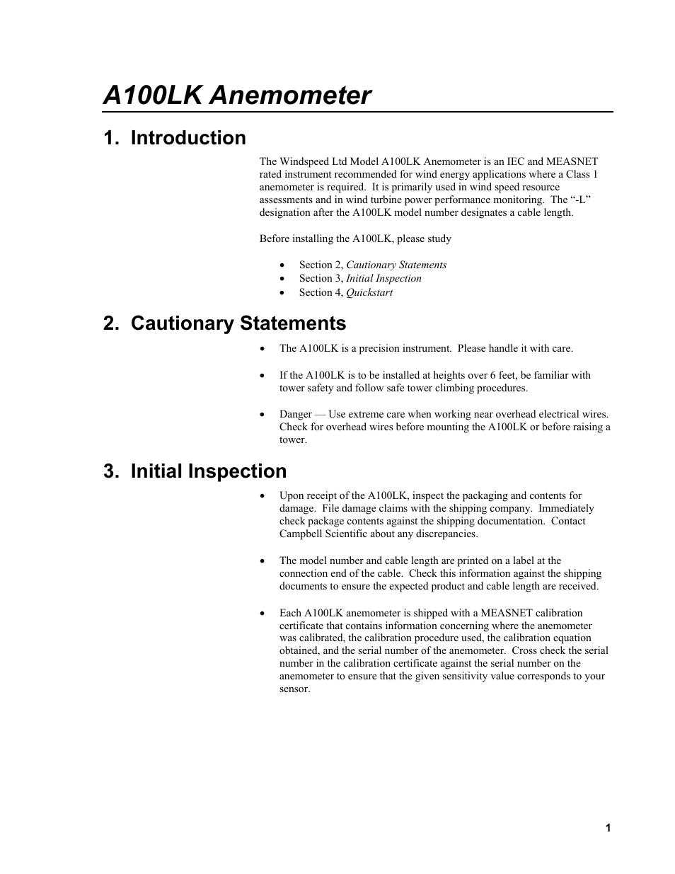 A100lk anemometer, Introduction, Cautionary statements | Initial inspection | Campbell Scientific A100LK Anemometer User Manual | Page 7 / 18