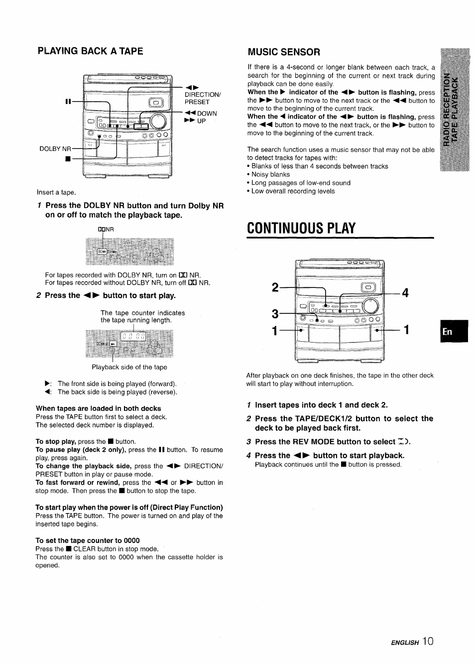 Continuous play, 2 press the button to start play, When tapes are loaded in both decks | 1 insert tapes into deck 1 and deck 2, 3 press the rev mode button to select h), 4 press the button to start playback, To set the tape counter to 0000, Playing back a tape music sensor | Aiwa NSX-AV800 User Manual | Page 11 / 80