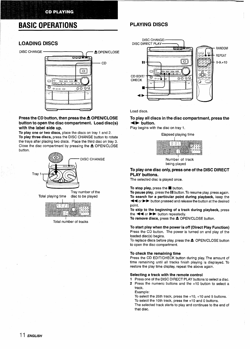 Playing discs, Loading discs, To check the remaining time | Selecting a track with the remote control, Basic operations, Playing discs loading discs | Aiwa NSX-AV800 User Manual | Page 12 / 80