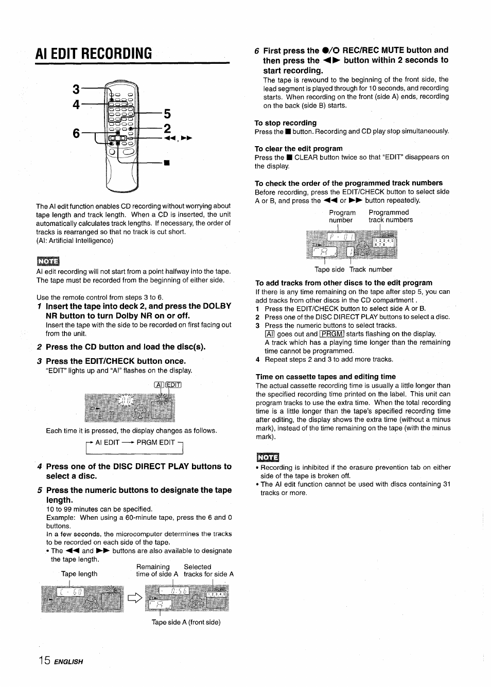 Al edit recording, To stop recording, To check the order of the programmed track numbers | Time on cassette tapes and editing time, Basic recording, I, i i | Aiwa NSX-AV800 User Manual | Page 16 / 80