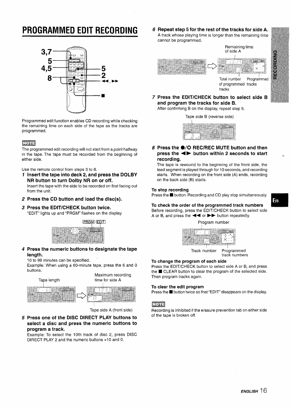 Prograiviivied edit recording, To stop recording, To check the order of the programmed track numbers | To change the program of each side, To ciear the edit program, Programmed edit recording, A l l, Ii u | Aiwa NSX-AV800 User Manual | Page 17 / 80