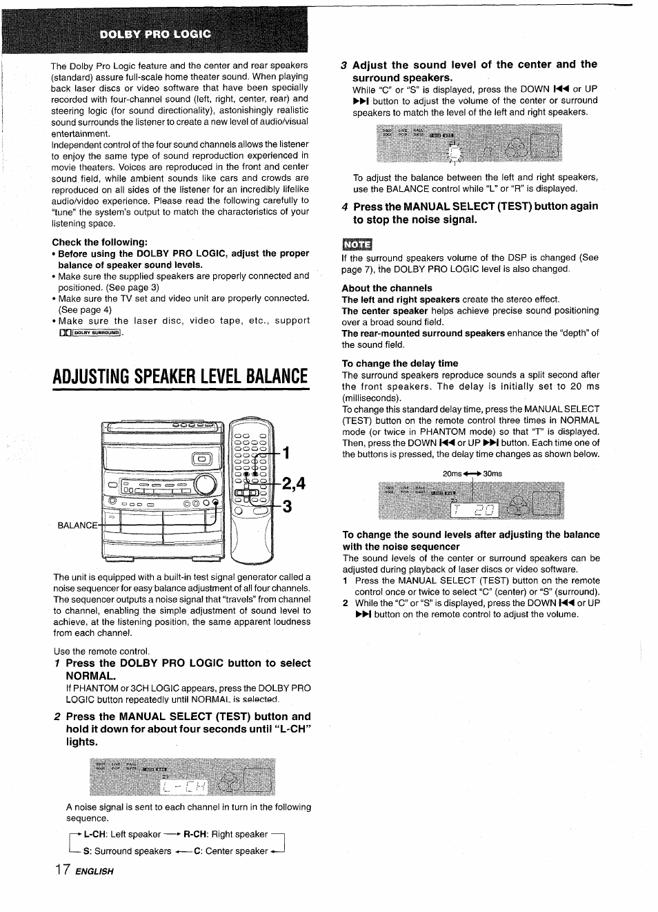Check the following, Adjusting speaker level balance, About the channels | Aiwa NSX-AV800 User Manual | Page 18 / 80