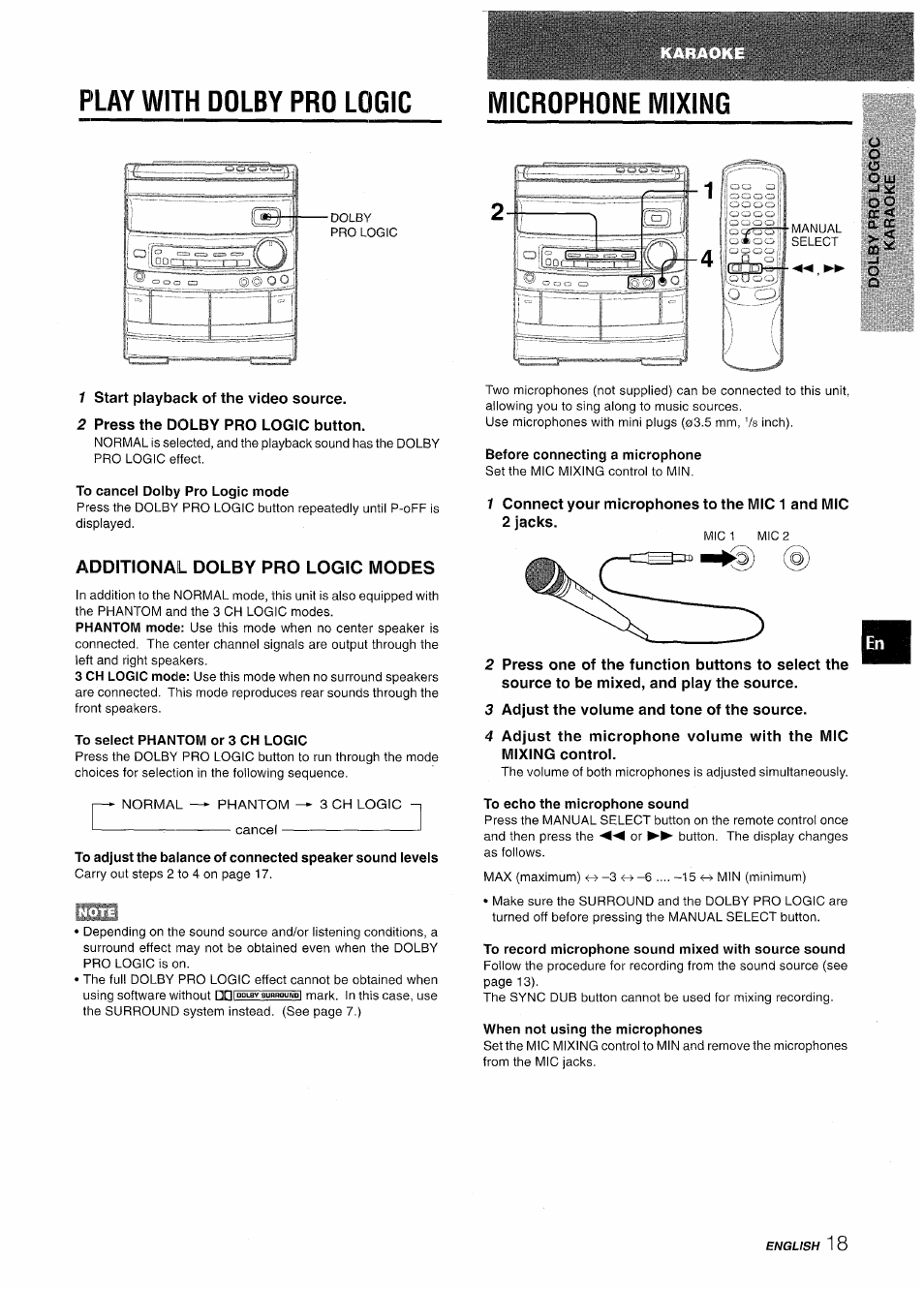 Play with dolby pro logic, 1 start playback of the video source, 2 press the dolby pro logic button | To cancel dolby pro logic mode, Additional dolby pro logic modes, To select phantom or 3 ch logic, Before connecting a microphone, 3 adjust the volume and tone of the source, To record microphone sound mixed with source sound, When not using the microphones | Aiwa NSX-AV800 User Manual | Page 19 / 80