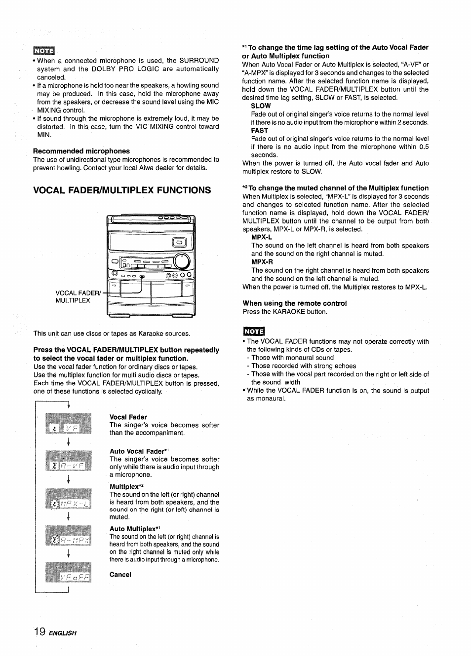 Recommended microphones, Slow, Vocal fader/multiplex functions | Mpx-l, Mpx-r, When using the remote control, Vocal fader, Auto vocal fader, Cancel | Aiwa NSX-AV800 User Manual | Page 20 / 80
