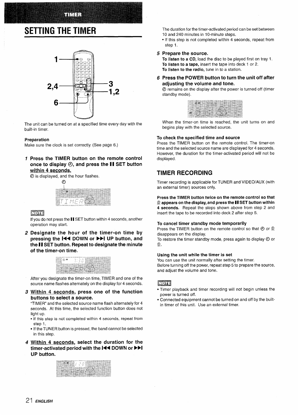 Setting the timer, Preparation, To check the specified time and source | Timer recording, To cancei timer standby mode temporariiy, Using the unit whiie the timer is set, Setting the timer 1,2 | Aiwa NSX-AV800 User Manual | Page 22 / 80