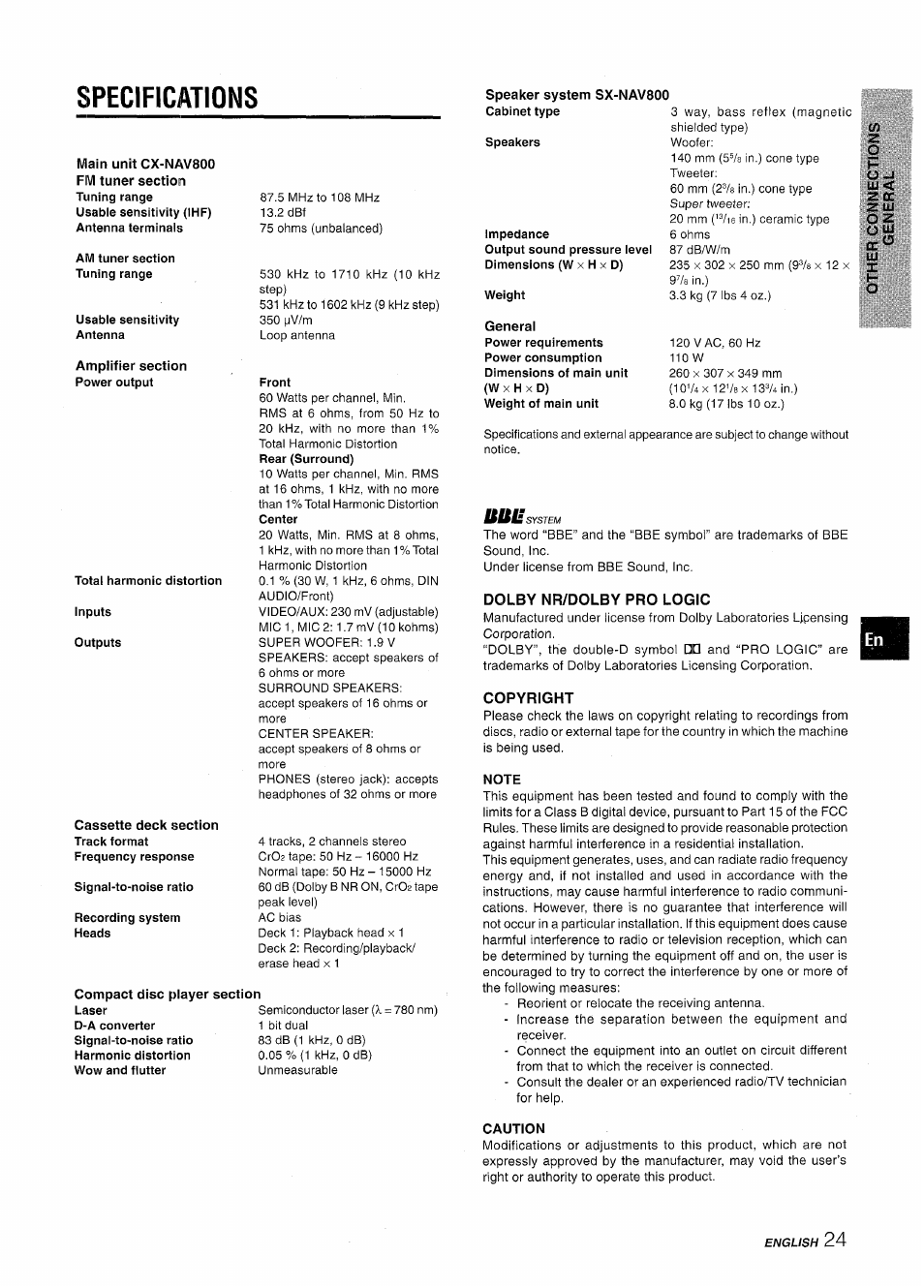 Dolby nr/dolby pro logic, Copyright, Note | Caution, Specifications | Aiwa NSX-AV800 User Manual | Page 25 / 80