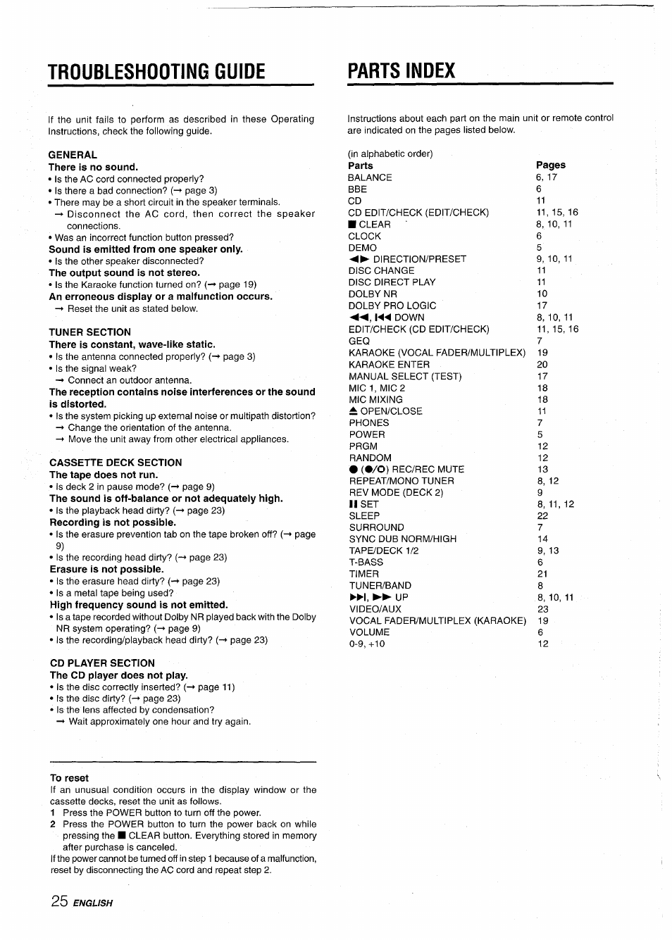 General there is no sound, Tuner section, Cassette deck section the tape does not run | Cd player section the cd player does not play, To reset, Troubleshooting guide parts index | Aiwa NSX-AV800 User Manual | Page 26 / 80