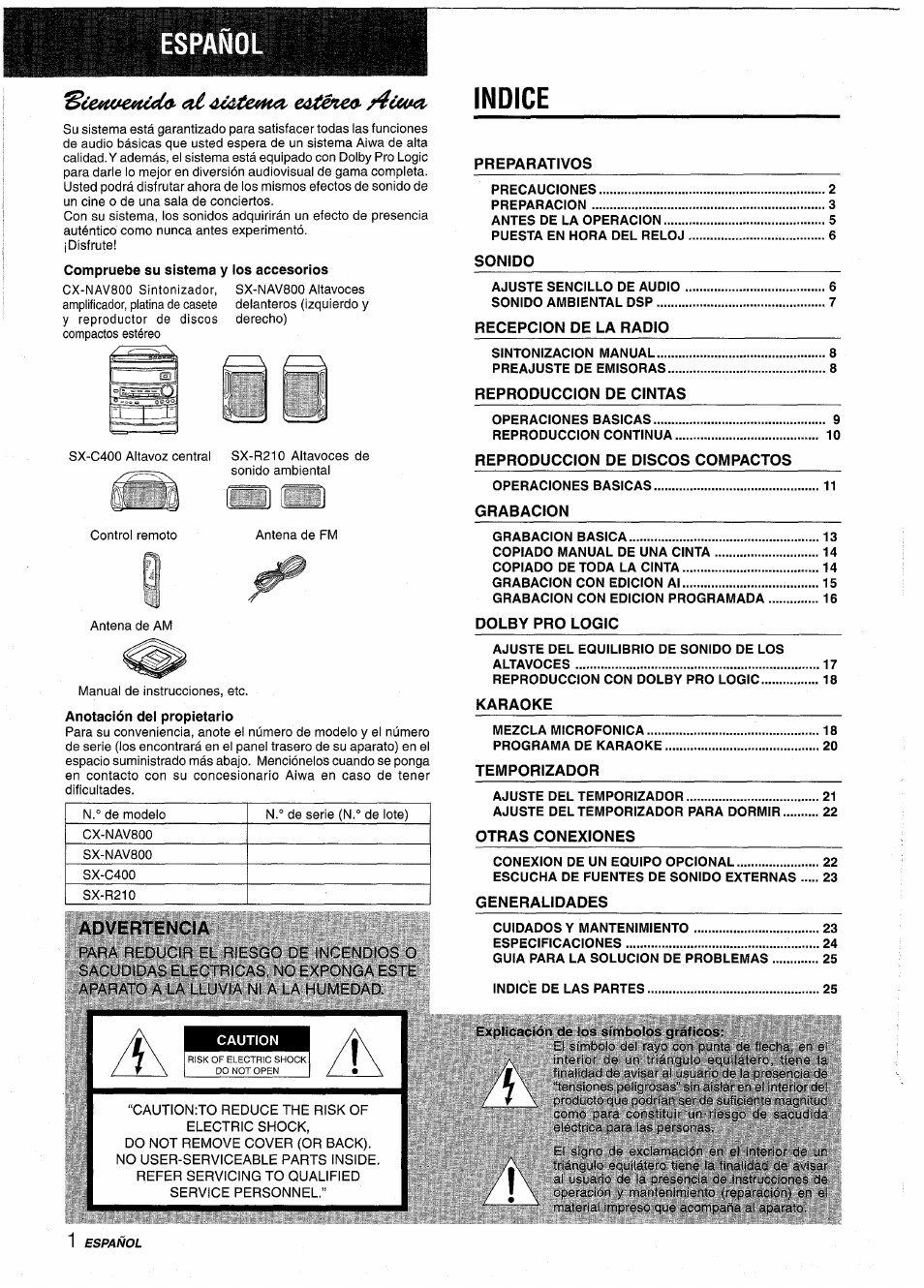 Español, Advertencia, Explicación de los símbolos gráficos | Español "sce^tae^uclo^ oí indice | Aiwa NSX-AV800 User Manual | Page 28 / 80