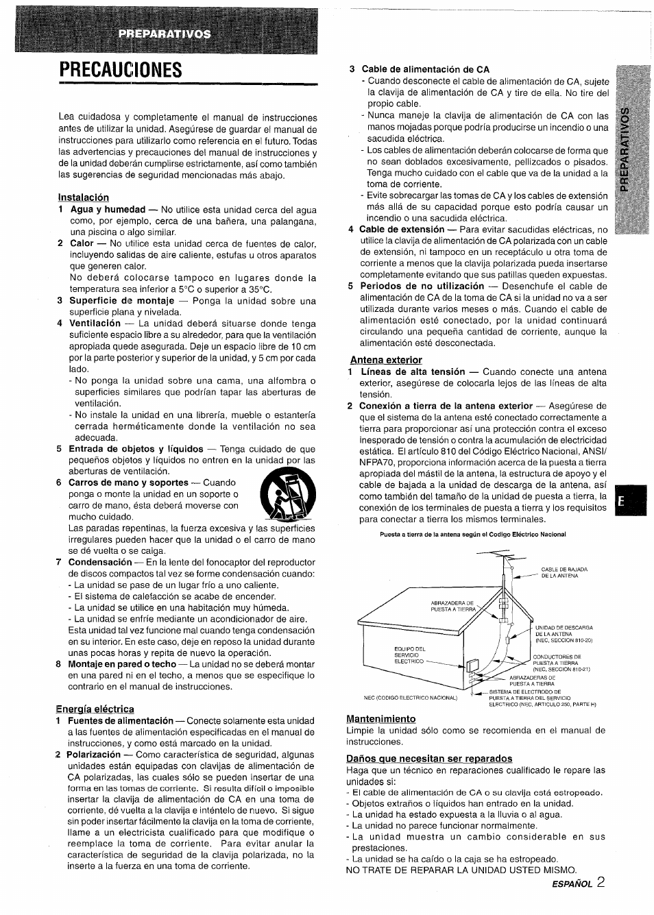 Precauciones, Instalación, Energía eléctrica | 3 cable de alimentación de ca, Antena exterior, Mantenimiento, Precautions | Aiwa NSX-AV800 User Manual | Page 29 / 80