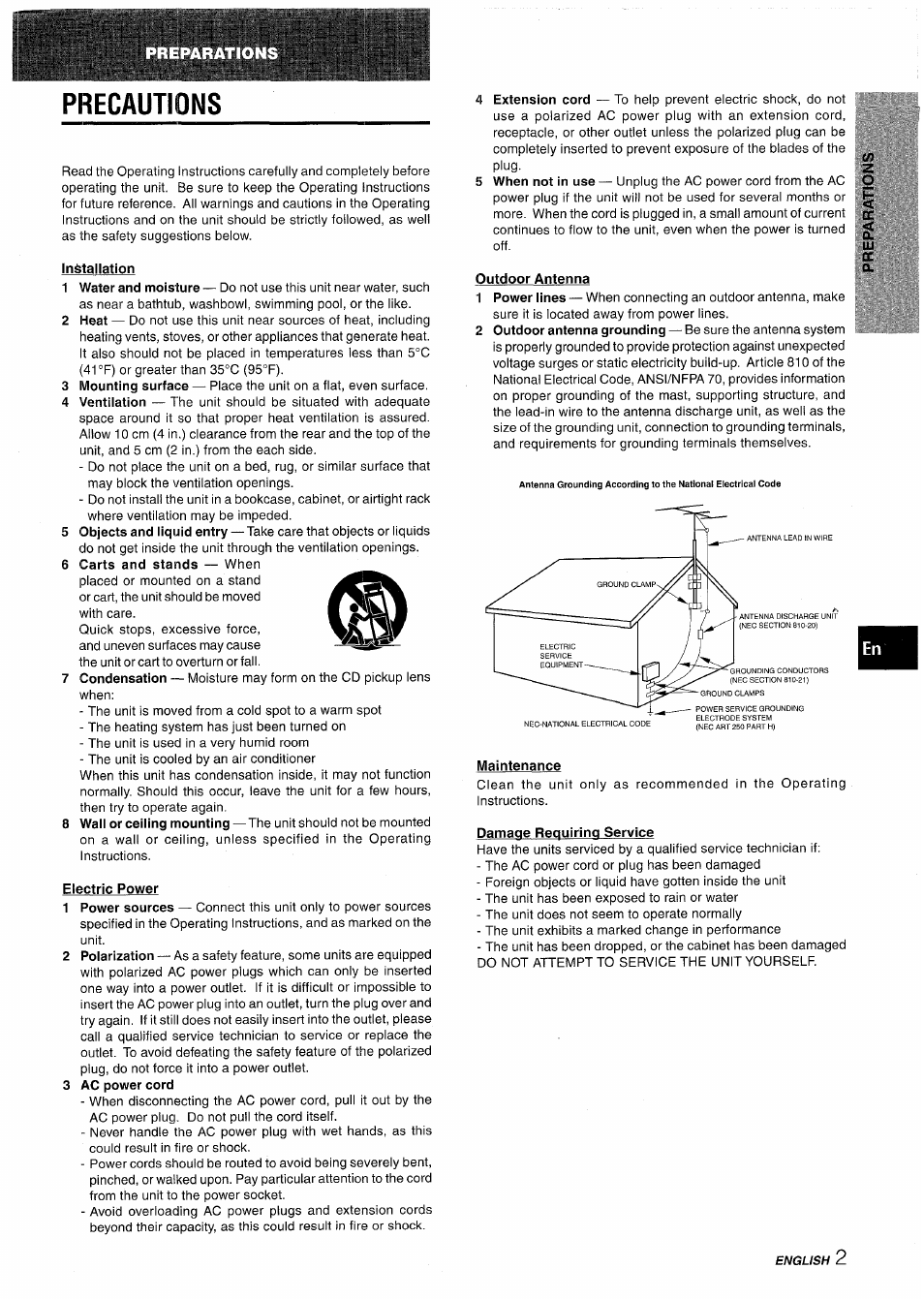 Precautions, Installation, Electric power | 3 ac power cord, Outdoor antenna, Maintenance, Damage requiring service | Aiwa NSX-AV800 User Manual | Page 3 / 80