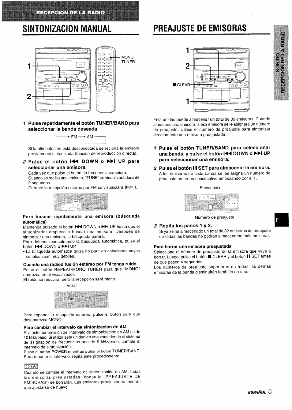 Sintonizacion manual, Preajuste de emisoras, 2 pulse el botón 11 set para almacenar la emisora | 3 repita los pasos 1 y 2, Para borrar una emisora preajustada, Sintonizacion manual preajuste de emisoras | Aiwa NSX-AV800 User Manual | Page 35 / 80