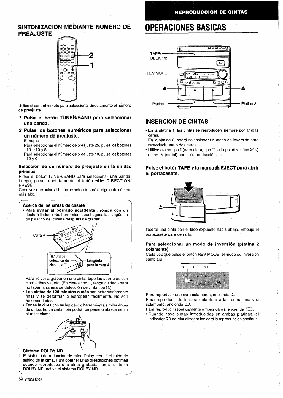 Sintònizacion mediante numero de preajuste, Operaciones basicas, Insercion de cintas | Aiwa NSX-AV800 User Manual | Page 36 / 80