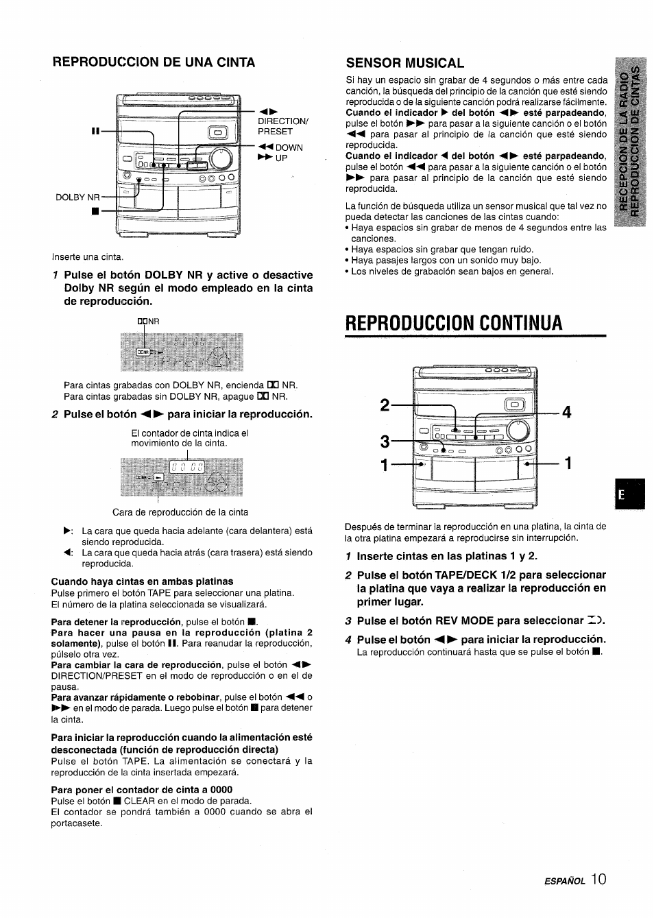 Reproduccion continua, 2 pulse el botón para iniciar la reproducción, 1 inserte cintas en las platinas 1 y 2 | 3 pulse el botón rev mode para seleccionar z."), 4 puise el botón m ^ para iniciar ia reproducción | Aiwa NSX-AV800 User Manual | Page 37 / 80