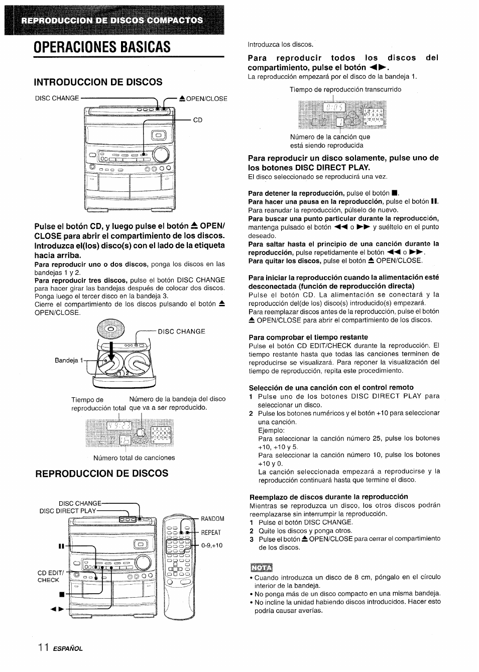 Operaciones basicas, Introduccion de discos, Reproduccion de discos | Para comprobar el tiempo restante, Selección de una canción con el control remoto, Reemplazo de discos durante la reproducción | Aiwa NSX-AV800 User Manual | Page 38 / 80