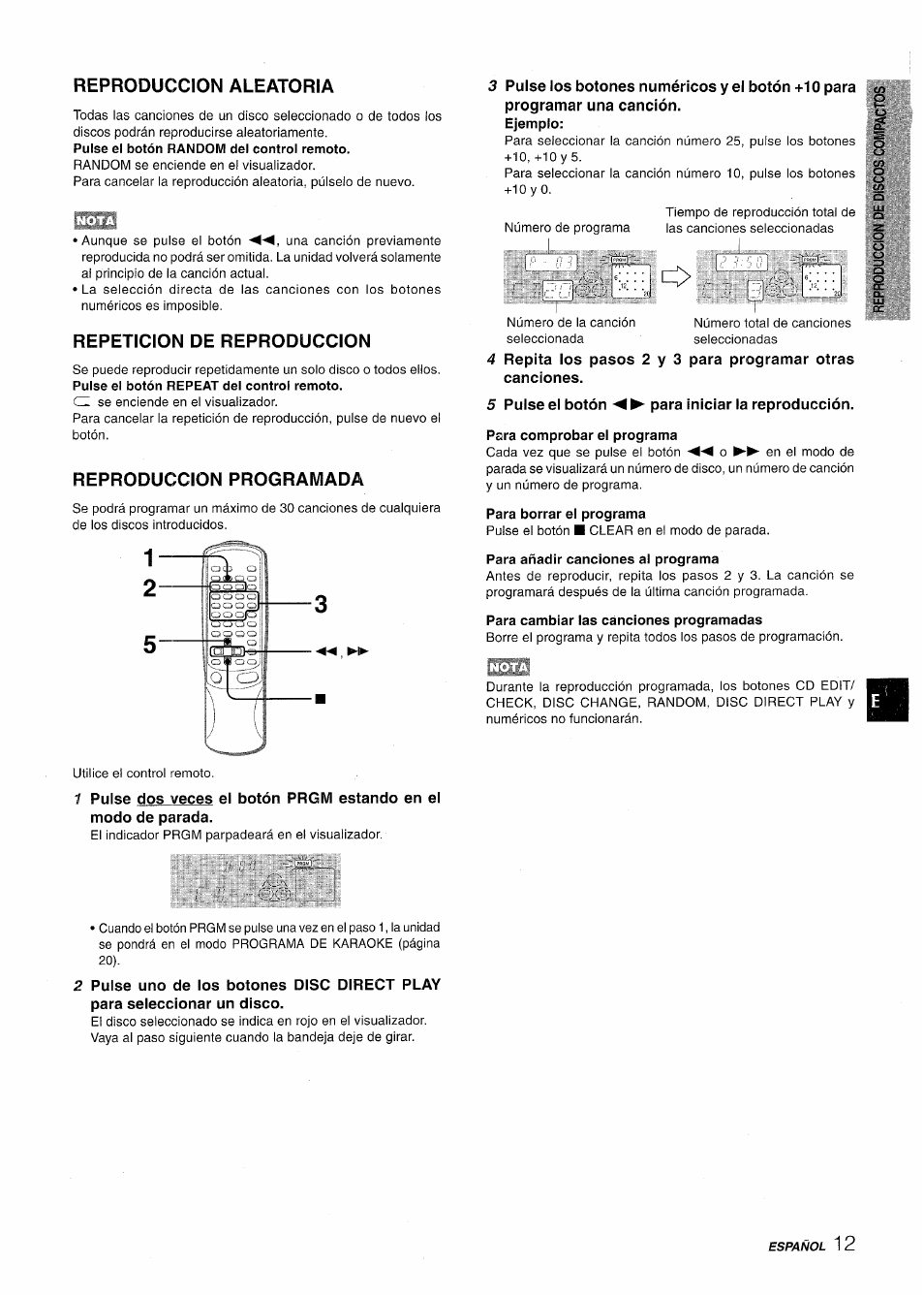 Reproduccion aleatoria, Repeticion de reproduccion, Reproduccion programada | Para borrar el programa, Para añadir canciones a! programa, Para cambiar las canciones programadas | Aiwa NSX-AV800 User Manual | Page 39 / 80