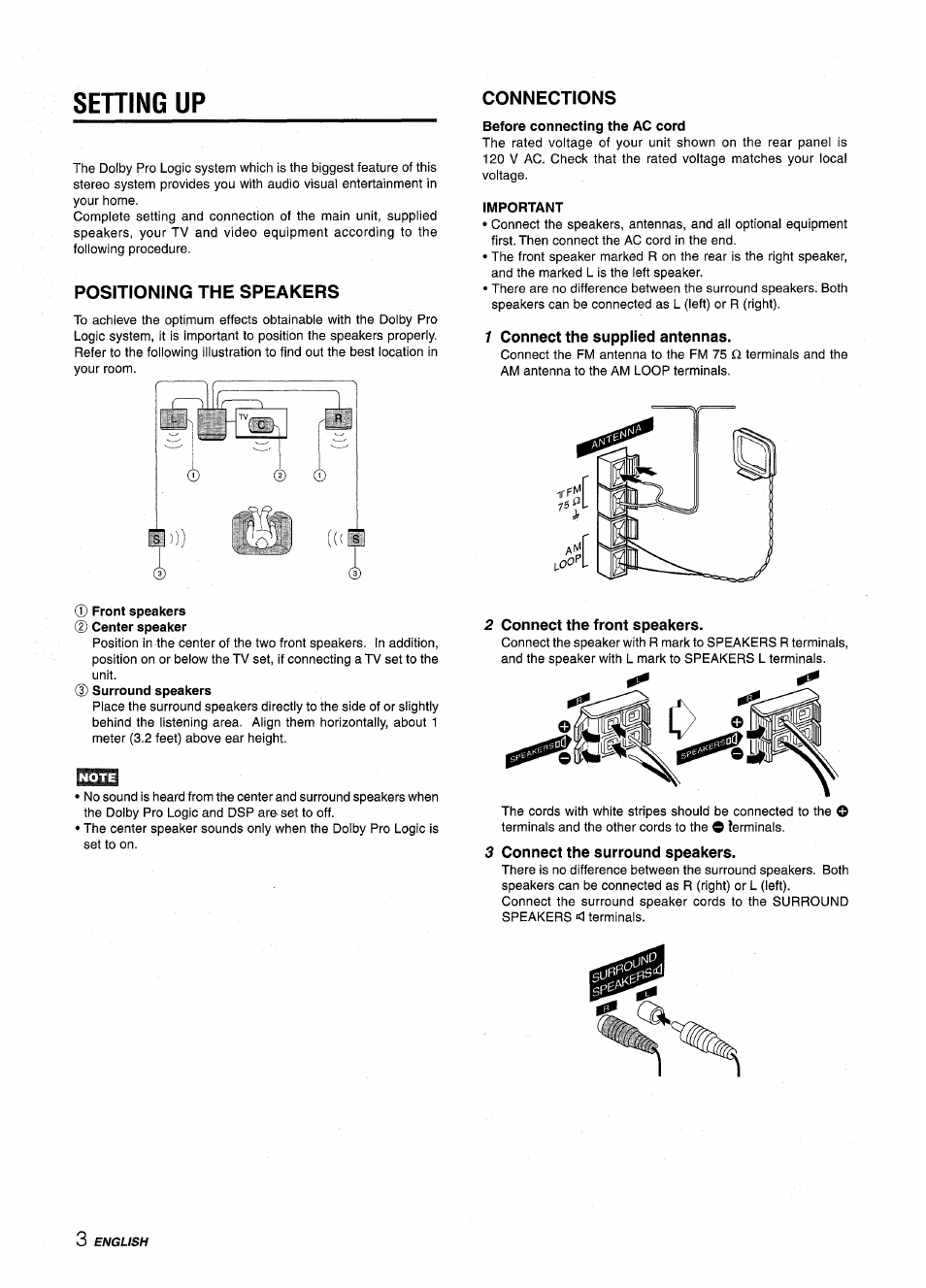 Setting up, Positioning the speakers, Connections | Important, Front speakers ® center speaker | Aiwa NSX-AV800 User Manual | Page 4 / 80