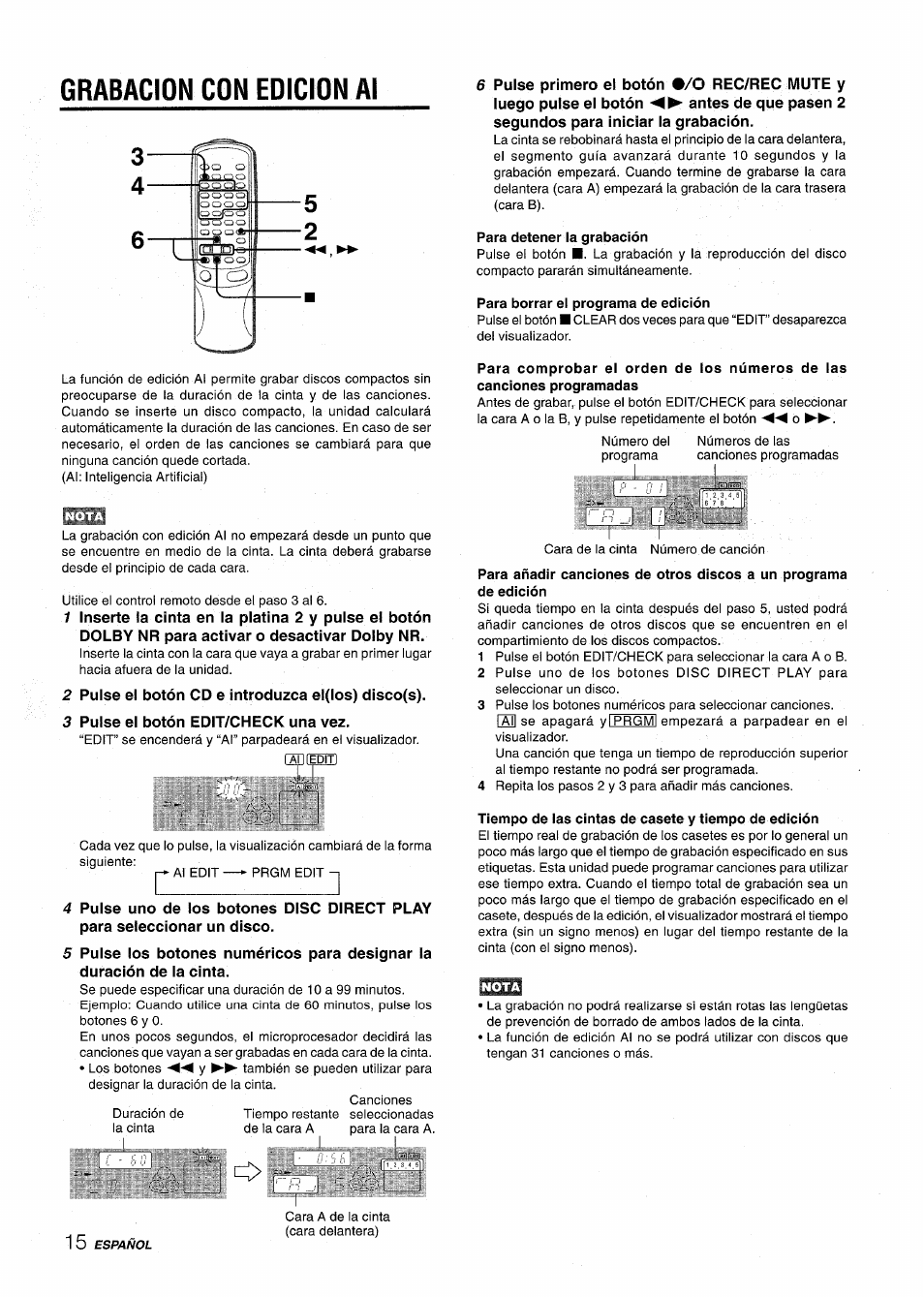 Grabacion con edicion al, Para detener la grabación, Para borrar el programa de edición | Tiempo de las cintas de casete y tiempo de edición, Fatifedítl | Aiwa NSX-AV800 User Manual | Page 42 / 80