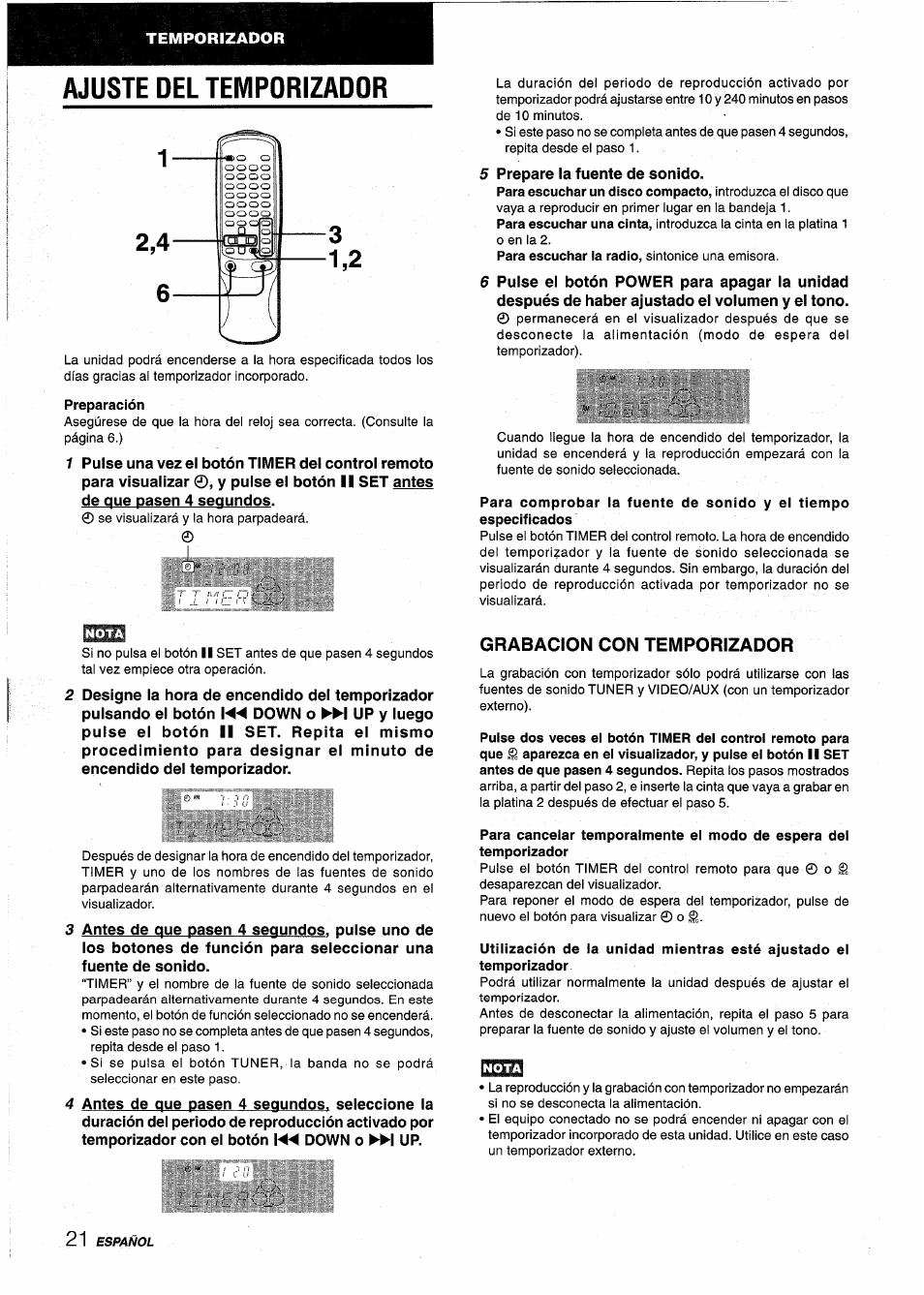 Ajuste del temporizador, Preparación, Grabacion con temporizador | Preparacion | Aiwa NSX-AV800 User Manual | Page 48 / 80