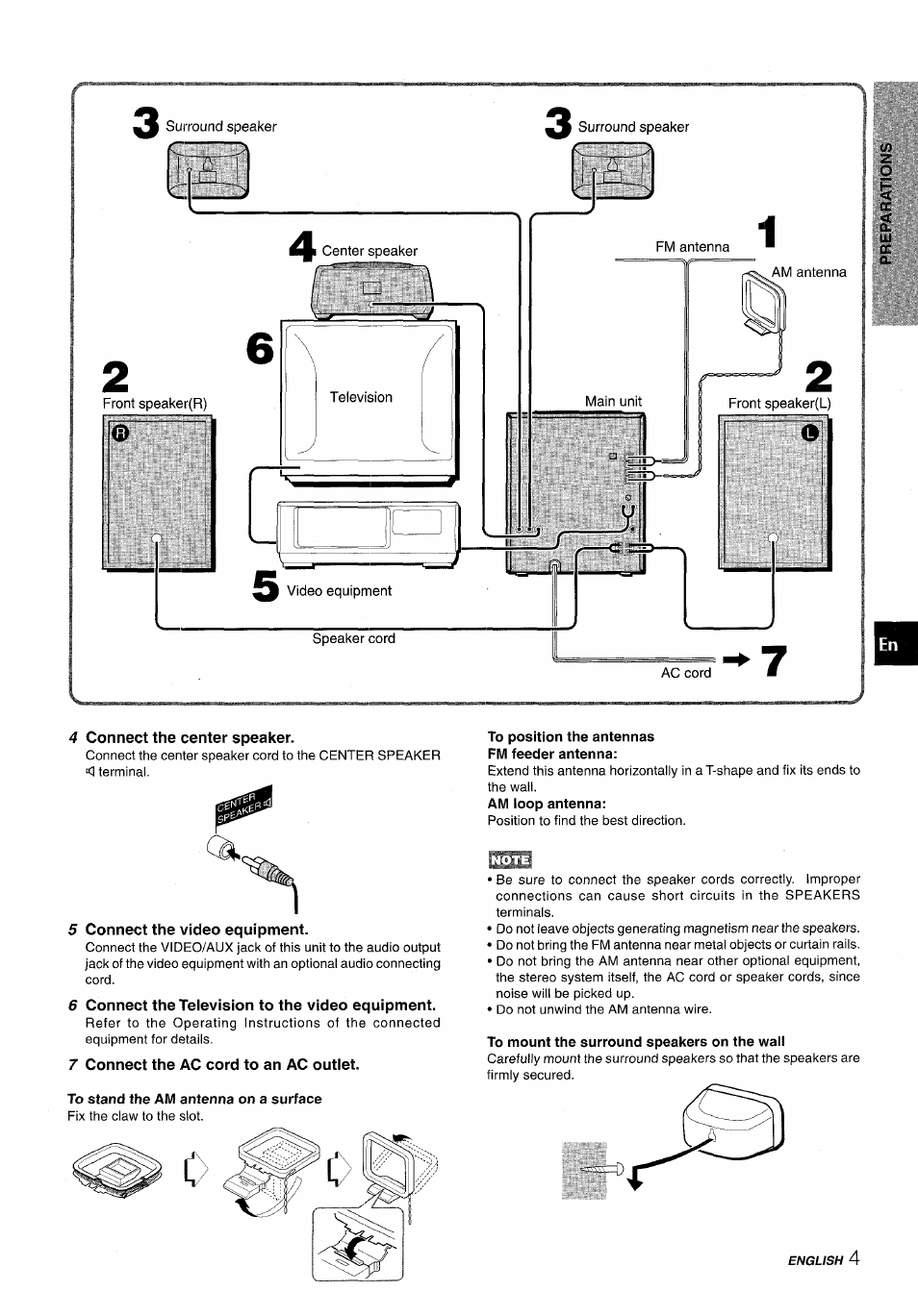 4 connect the center speaker, 5 connect the video equipment, 6 connect the television to the video equipment | 7 connect the ac cord to an ac outlet, To stand the am antenna on a surface, To position the antennas fm feeder antenna, To mount the surround speakers on the wall | Aiwa NSX-AV800 User Manual | Page 5 / 80