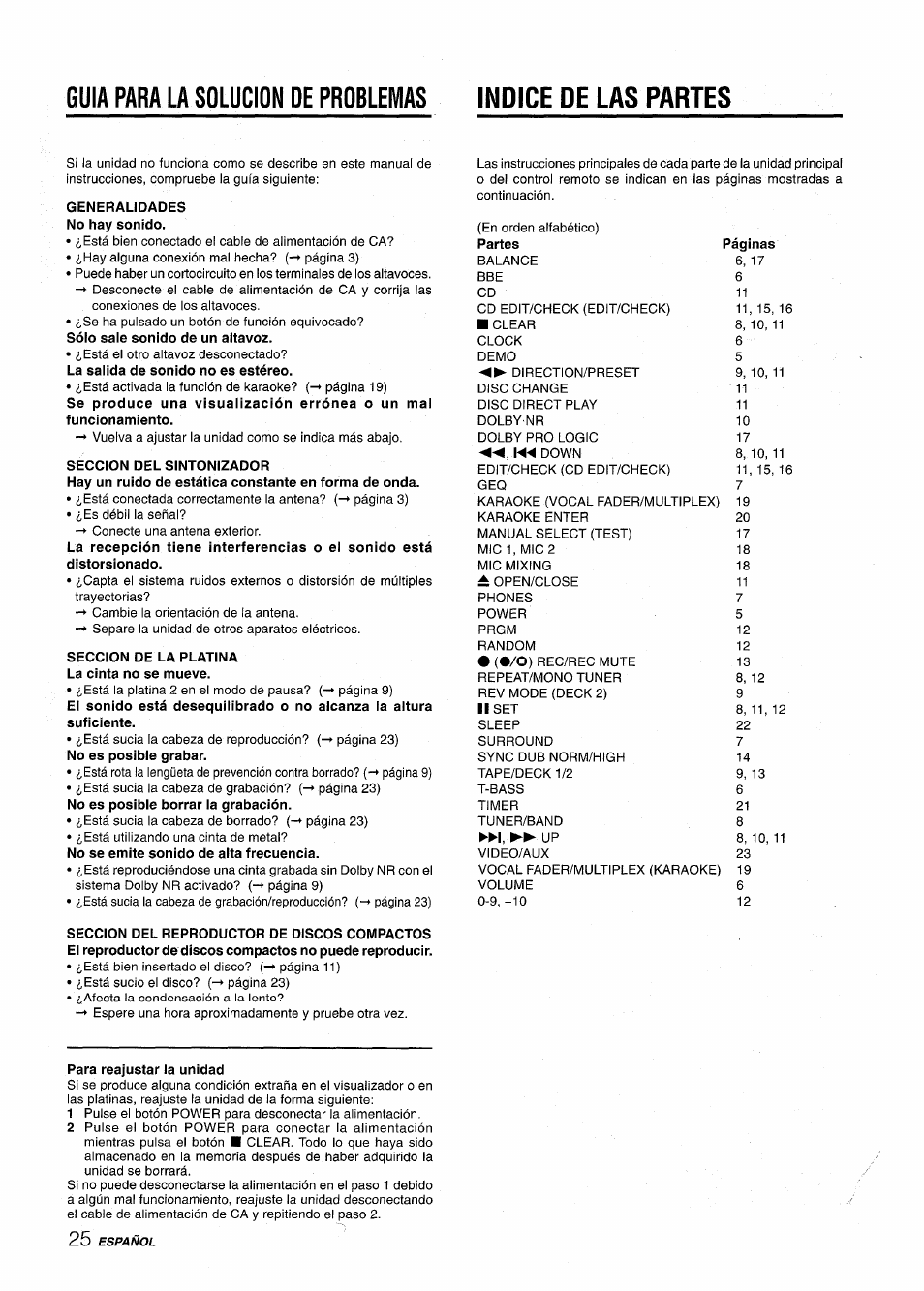 Generalidades no hay sonido, Seccion del sintonizador, Seccion de la platina la cinta no se mueve | Para reajustar la unidad | Aiwa NSX-AV800 User Manual | Page 52 / 80