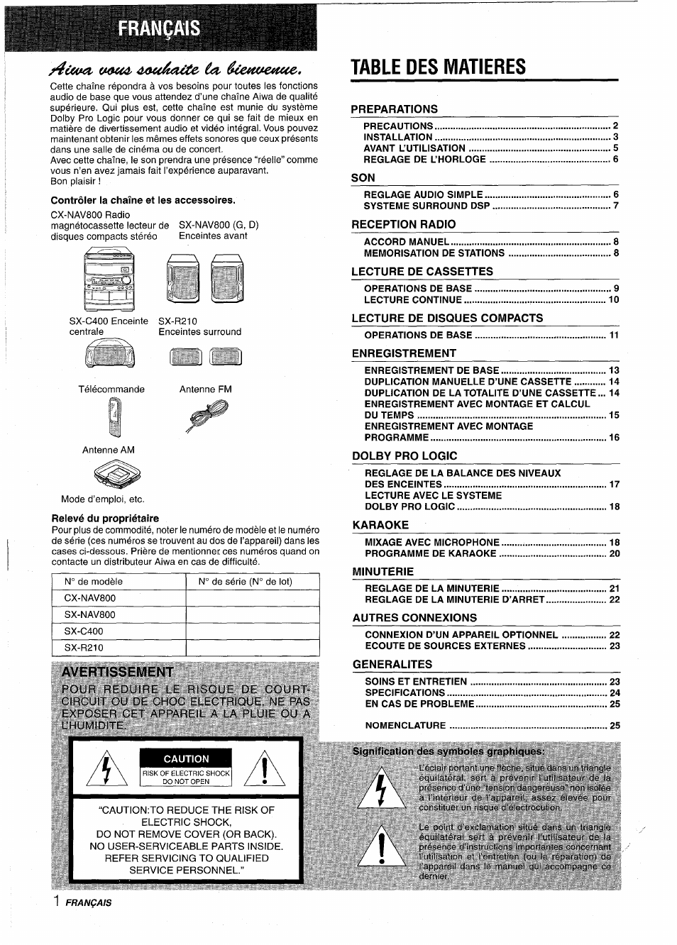 Ançais, Contrôler la chaîne et les accessoires, Relevé du propriétaire | Avertissement, Caution, Table des matieres, Signification des symboles graphiques, E a c | Aiwa NSX-AV800 User Manual | Page 54 / 80