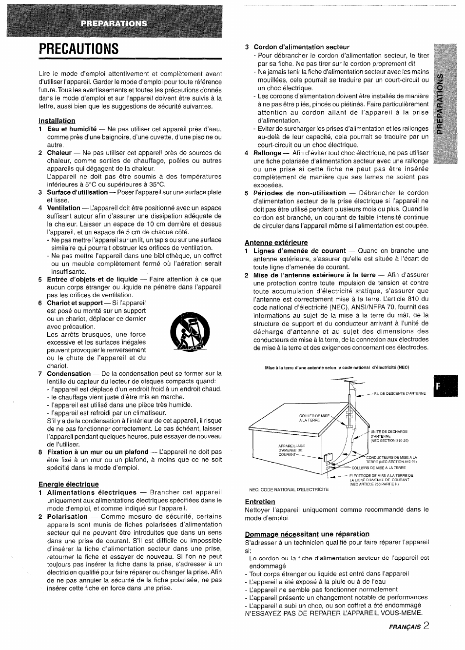Precautions, Installation, Energie électrique | 3 cordon d’alimentation secteur, Antenne extérieure, Entretien, Dommage nécessitant une réparation, Precauciones | Aiwa NSX-AV800 User Manual | Page 55 / 80