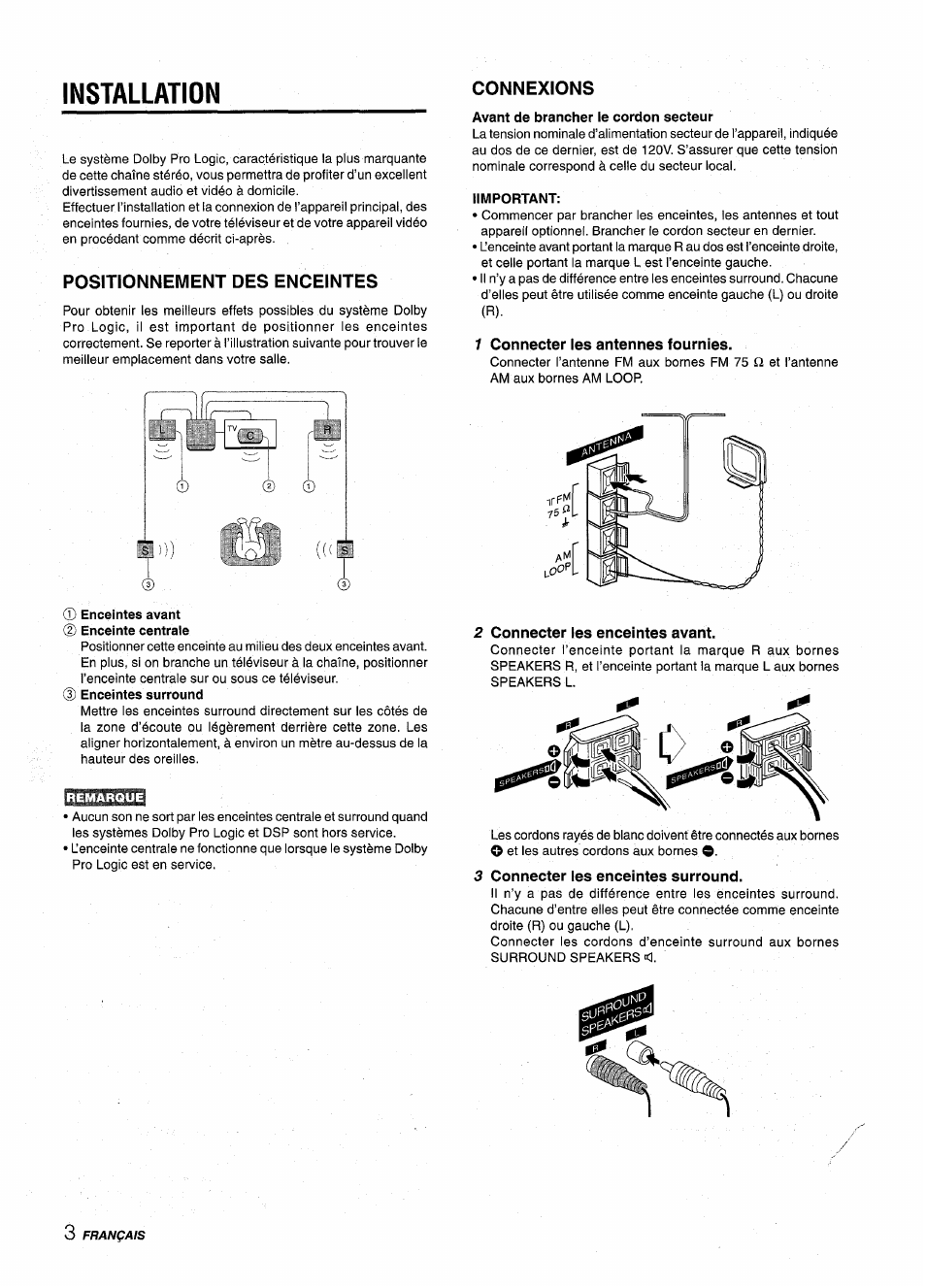 Installation, Positionnement des enceintes, Connexions | Avant de brancher le cordon secteur, Iimportant, 1 connecter les antennes fournies, Enceintes avant ® enceinte centrale, Connecter les enceintes surround | Aiwa NSX-AV800 User Manual | Page 56 / 80