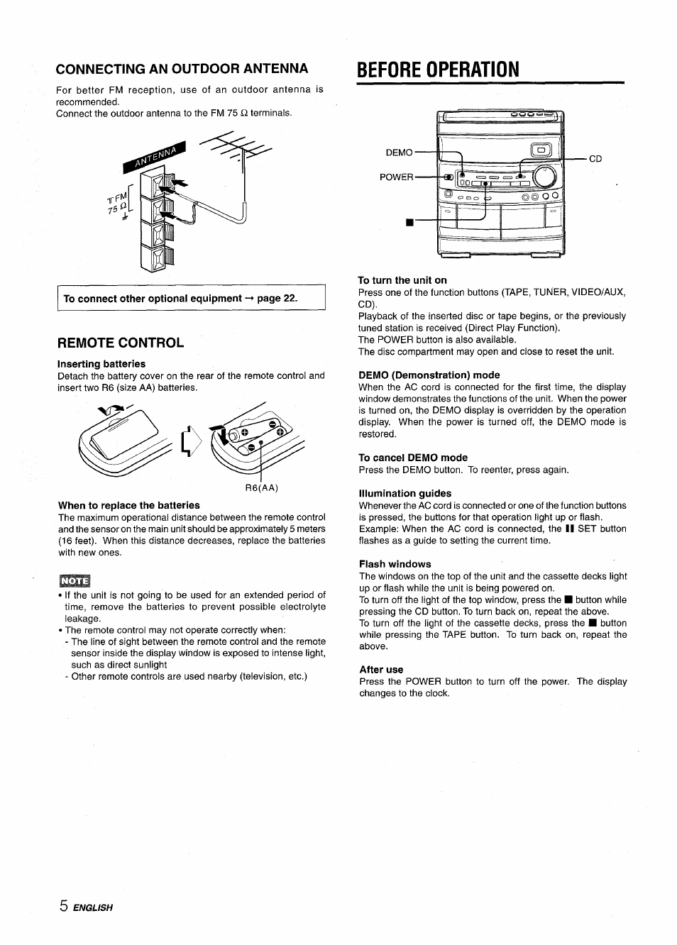 Connecting an outdoor antenna, Before operation, Remote control | Inserting batteries, When to replace the batteries, To turn the unit on, Demo (demonstration) mode, To cancel demo mode, Illumination guides, Flash windows | Aiwa NSX-AV800 User Manual | Page 6 / 80