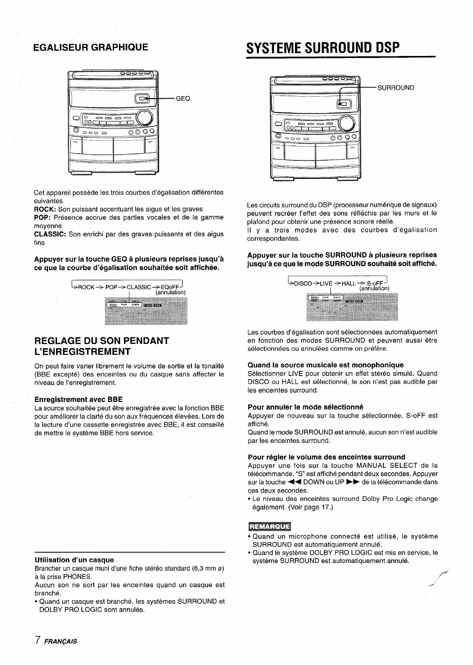 Systeme surround dsp, Reglage du son pendant l’enregistrement, Enregistrement avec bbe | Quand la source musicale est monophonique, Pour annuier le mode sélectionné, Pour régler le volume des enceintes surround, Egaliseur graphique | Aiwa NSX-AV800 User Manual | Page 60 / 80