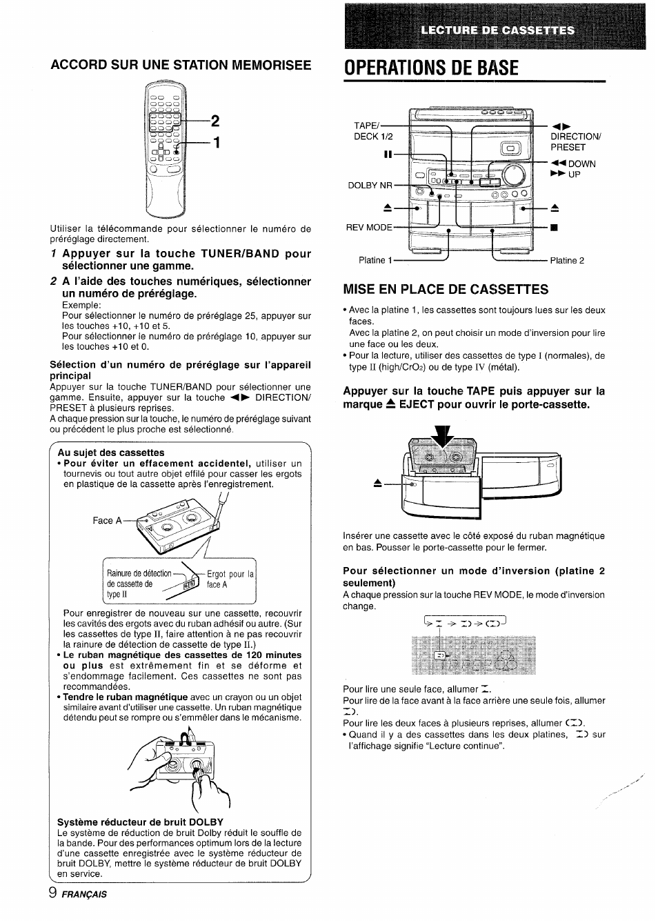 Système réducteur de bruit dolby, Mise en place de cassettes, Operations de base | Aiwa NSX-AV800 User Manual | Page 62 / 80