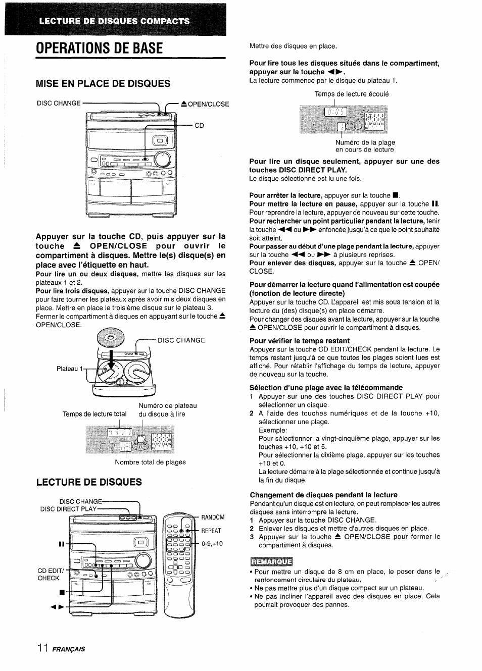 Operations de base, Mise en place de disques, Lecture de disques | Changement de disques pendant la lecture | Aiwa NSX-AV800 User Manual | Page 64 / 80