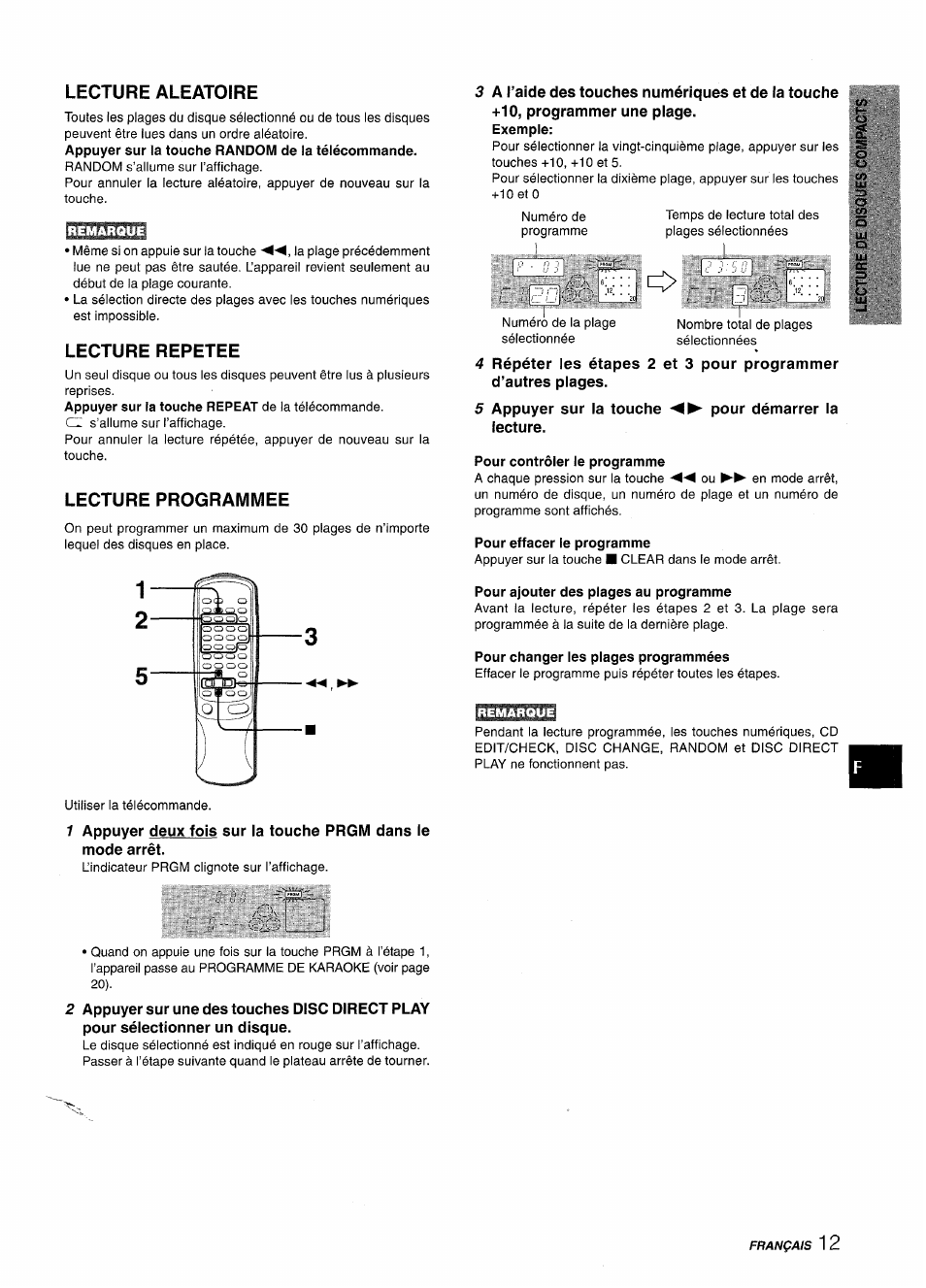 Lecture aleatoire, Lecture repetee, Lecture programmee | Pour contrôler le programme, Pour effacer le programme, Pour ajouter des plages au programme, Pour changer les plages programmées | Aiwa NSX-AV800 User Manual | Page 65 / 80