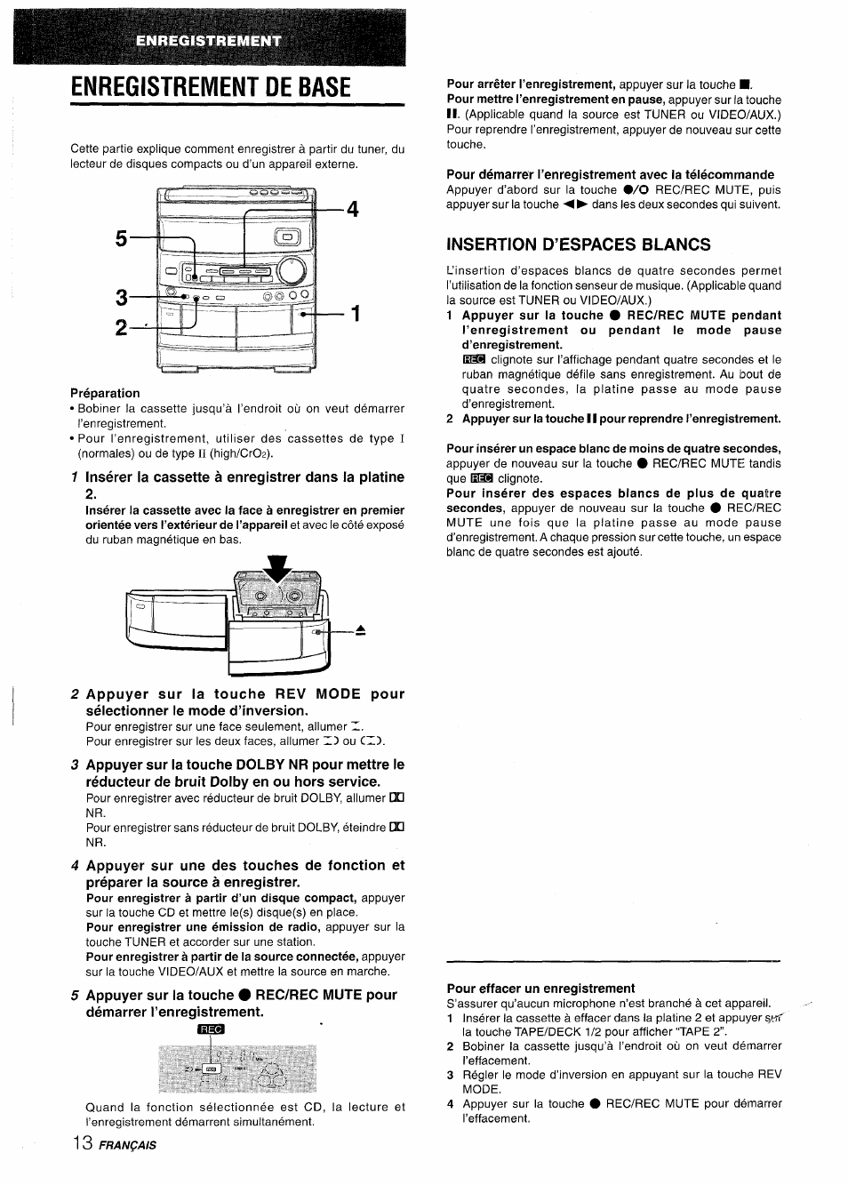 Enregistrement de base, Préparation, Insertion d’espaces blancs | Aiwa NSX-AV800 User Manual | Page 66 / 80