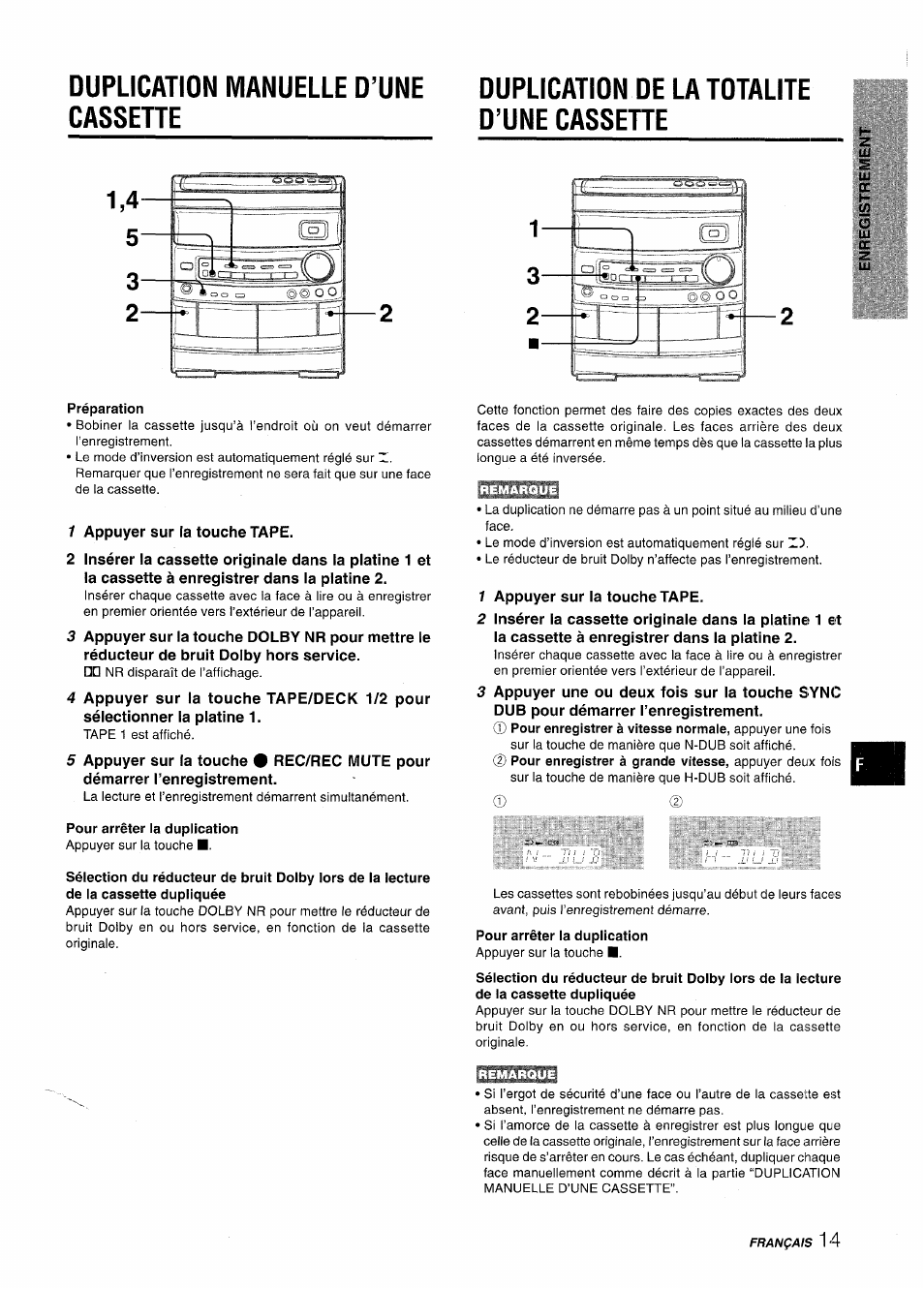 Duplication manuelle d’une cassehe, Duplication de la totalite d’une cassehe, Préparation | Pour arrêter la duplication, Duplication manuelle d’une cassette | Aiwa NSX-AV800 User Manual | Page 67 / 80