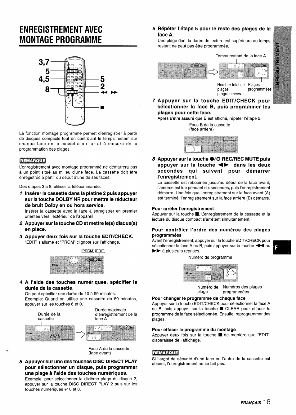 Enregistrement avec montage programme, Pour arrêter l’enregistrement, Pour effacer le programme du montage | Aiwa NSX-AV800 User Manual | Page 69 / 80