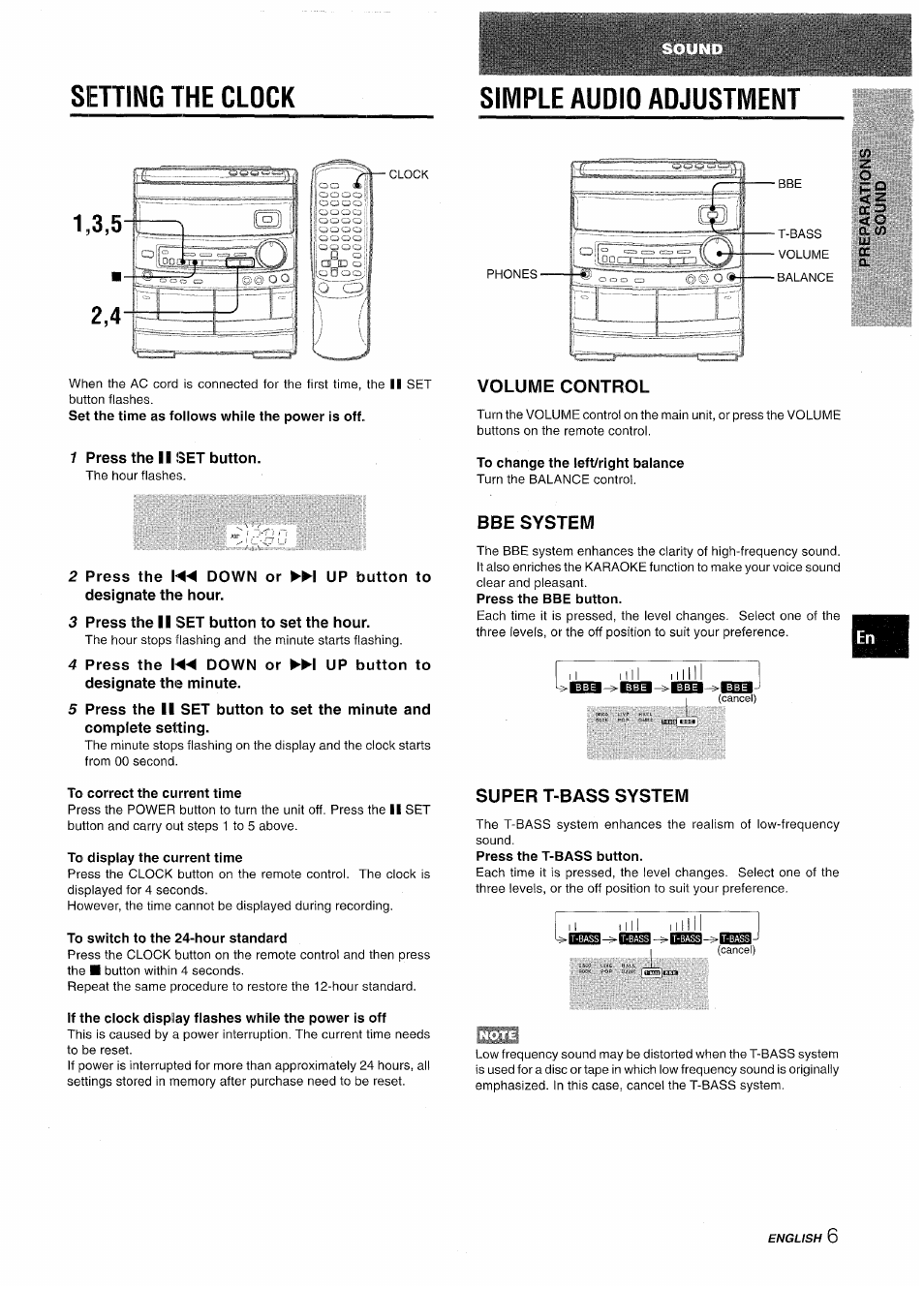 Setting the clock, Simple audio adjustment, 1 press the ii set button | Volume control, To change the left/right balance, 2 press the down or up button to, Designate the hour, 3 press the ii set button to set the hour, 4 press the down or up button to, Designate the minute | Aiwa NSX-AV800 User Manual | Page 7 / 80