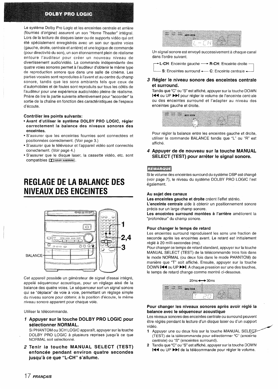 Contrôler les points suivants, Reglage de la balance des niveaux des enceintes, Au sujet des canaux | Pour changer le temps de retard | Aiwa NSX-AV800 User Manual | Page 70 / 80