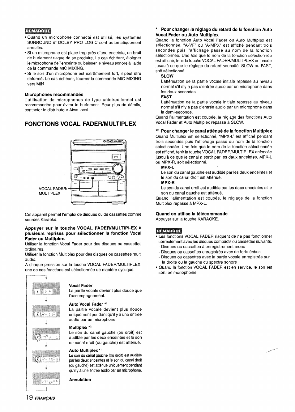Microphones recommandés, Fonctions vocal fader/multiplex, Vocal fader | Auto vocal fader, Annulation, Slow, Fast, Mpx-l, Mpx-r, Quand on utilise la télécommande | Aiwa NSX-AV800 User Manual | Page 72 / 80