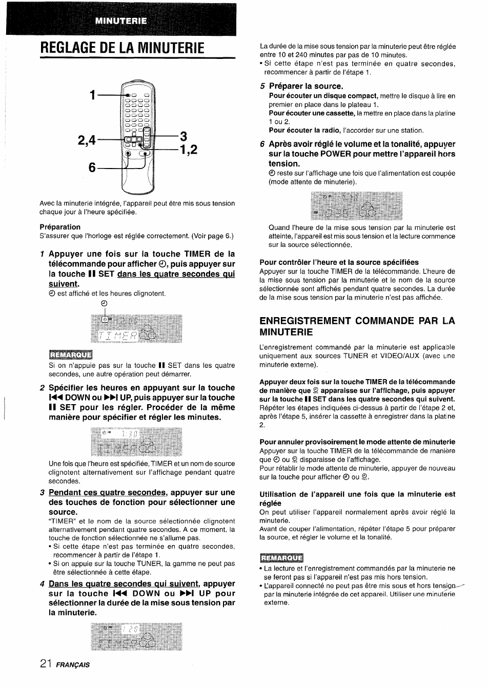 Reglage de la minuterie, Préparation, Pour contrôler l’heure et la source spécifiées | Enregistrement commande par la minuterie, Reglage de la minuterie 1,2 | Aiwa NSX-AV800 User Manual | Page 74 / 80