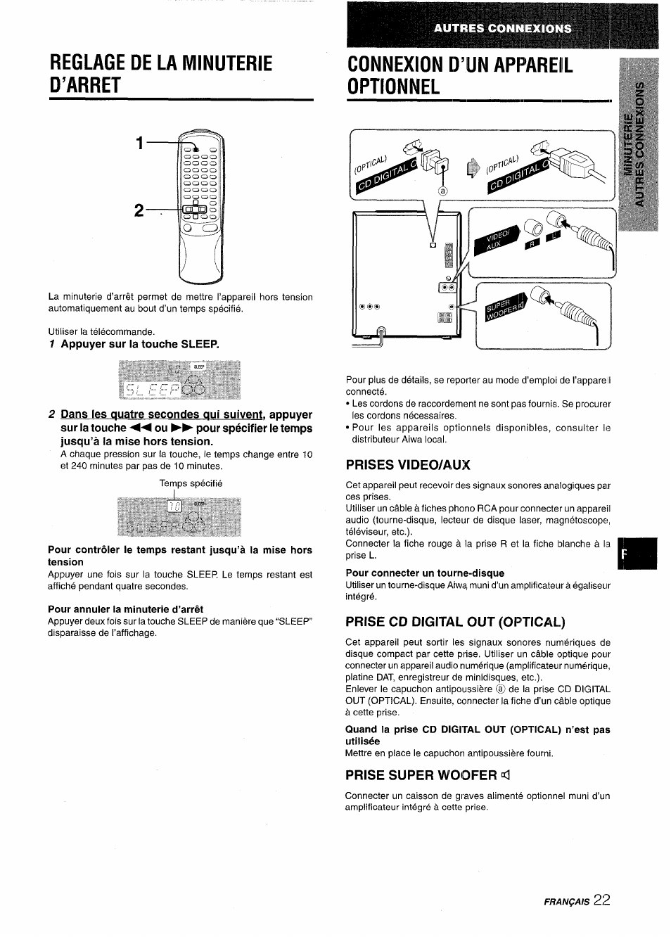 Reglage de la minuterie d’arret, Cdnnexion d’un appareil dptionnel, 1 appuyer sur la touche sleep | Prises video/aux, Prise cd digital out (optical), Prise super woofer <1, Connexion d’un appareil optionnel, Prise super woofer | Aiwa NSX-AV800 User Manual | Page 75 / 80