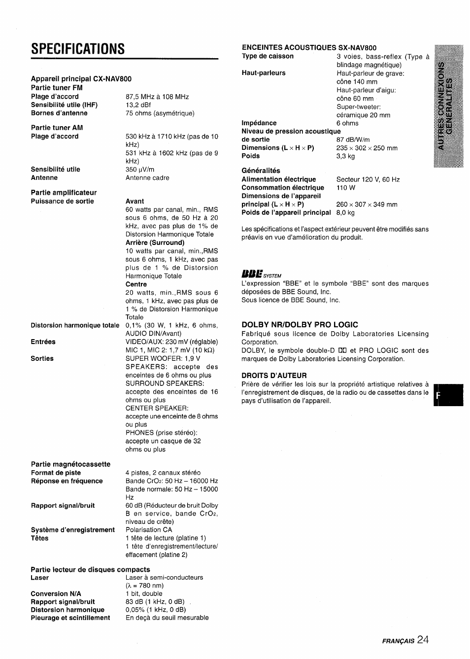 Specifications, Dolby nr/dolby pro logic, Especificaciones | Aiwa NSX-AV800 User Manual | Page 77 / 80