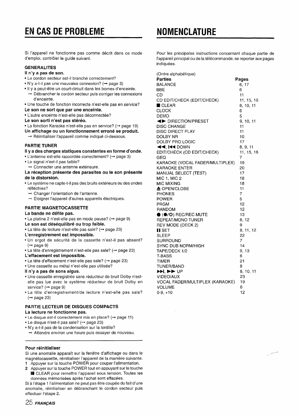 Cas de probleme, Nomenclature, Generalites il n’y a pas de son | Partie tuner, Partie wiagnetocassette la bande ne défile pas, Pour réinitialiser, En cas de probleme, Cas de probleme nomenclature | Aiwa NSX-AV800 User Manual | Page 78 / 80