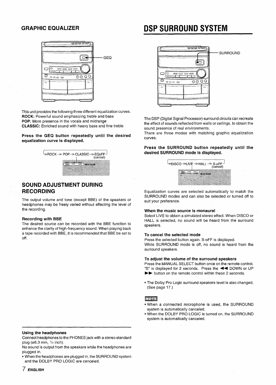 Dsp surround system, Sound adjustment during recording, Recording with bbe | When the music source is monaural, To cancel the selected mode, To adjust the volume of the surround speakers, Graphic equalizer | Aiwa NSX-AV800 User Manual | Page 8 / 80