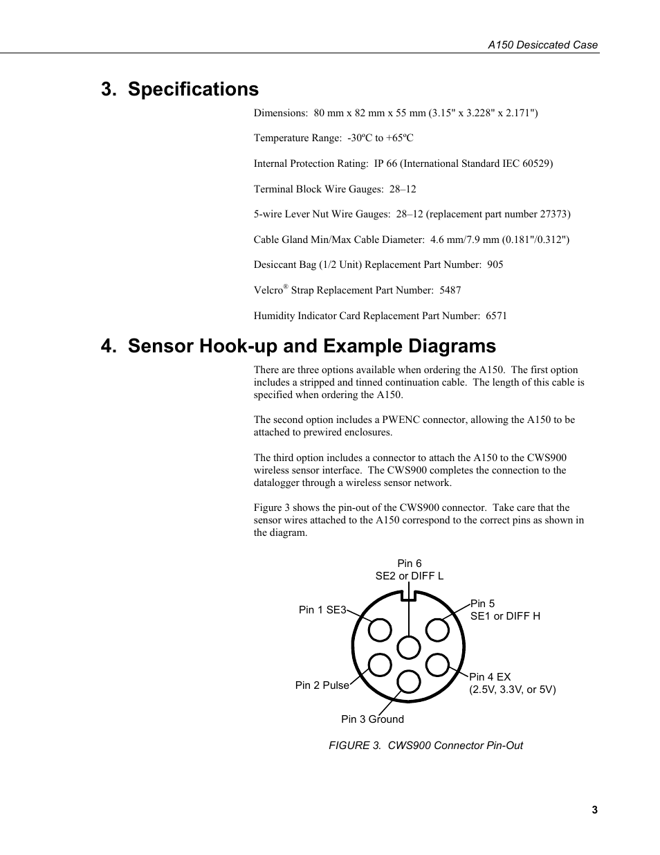 Specifications, Sensor hook-up and example diagrams | Campbell Scientific A150 Desiccated Case User Manual | Page 7 / 12